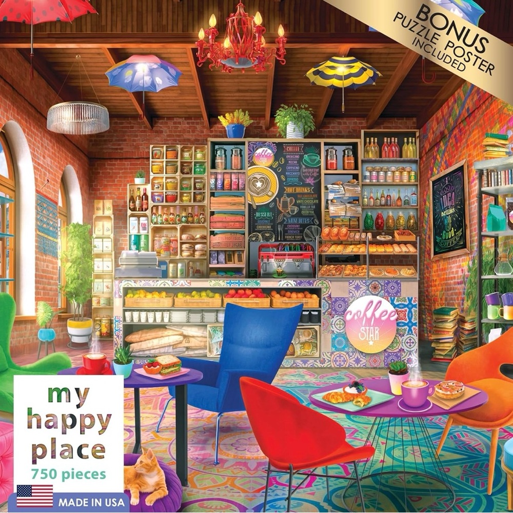 Rose Art My Happy Place 750-Piece Puzzle - Colorful Cafe Scene  Boho Coffeeshop